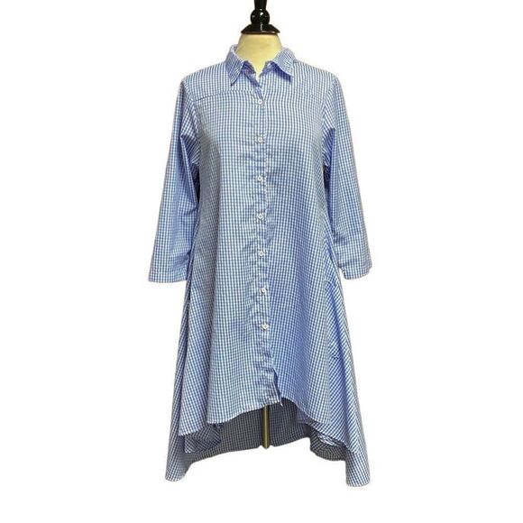 Blue Gingham Check Button Down Batwing Tunic Dress Size Small NEW - Picture 1 of 6